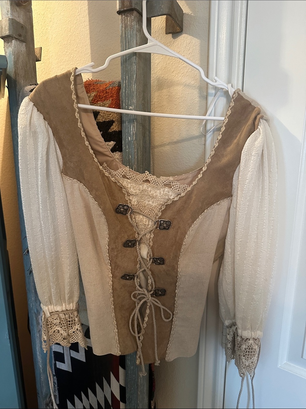 Boho Lace-Up Peasant Top and skirt in Beige and Cream